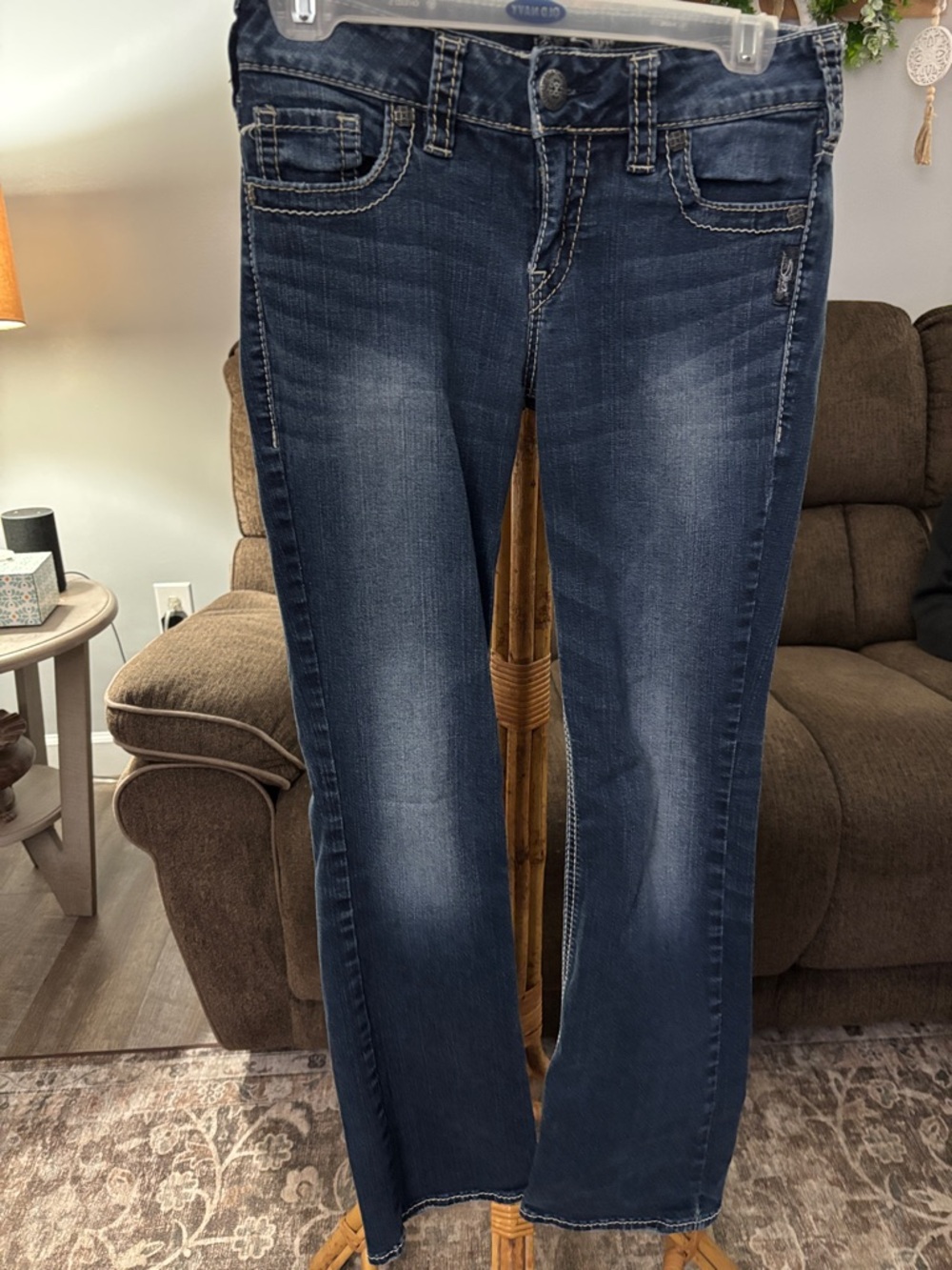 Silver Jeans Dark Blue Boot Cut Jeans with Faded Whiskering